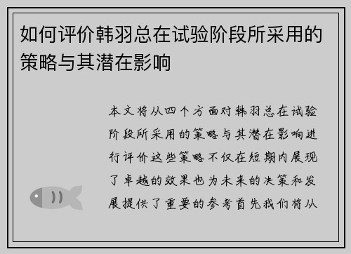 如何评价韩羽总在试验阶段所采用的策略与其潜在影响