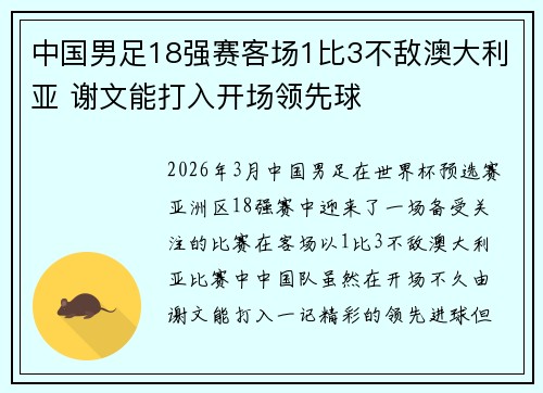 中国男足18强赛客场1比3不敌澳大利亚 谢文能打入开场领先球 中国男足18强赛客场1比3不敌澳大利亚 谢文能打入开场领先球
