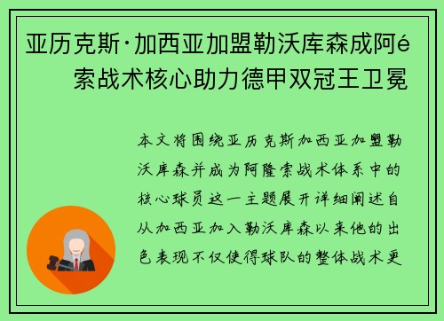 亚历克斯·加西亚加盟勒沃库森成阿隆索战术核心助力德甲双冠王卫冕 亚历克斯·加西亚加盟勒沃库森成阿隆索战术核心助力德甲双冠王卫冕