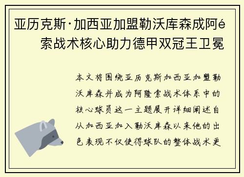 亚历克斯·加西亚加盟勒沃库森成阿隆索战术核心助力德甲双冠王卫冕 亚历克斯·加西亚加盟勒沃库森成阿隆索战术核心助力德甲双冠王卫冕