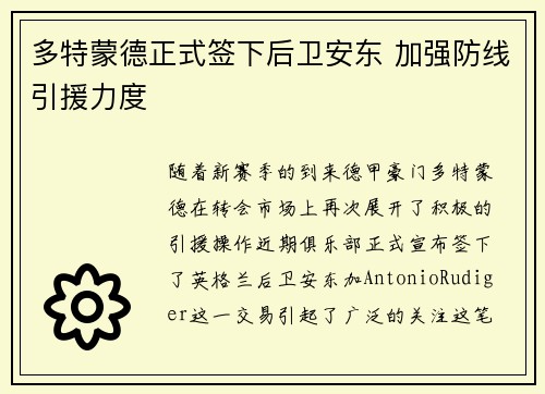 多特蒙德正式签下后卫安东 加强防线引援力度